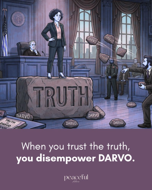 Drawing of a women in a court room standing on a block with the word TRUTH. The lawyers in the court room throwing blocks with DARVO written on them. - LifeChangePlans